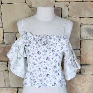 Reformation Linen Off The Shoulder Top Blue/White Size 4
